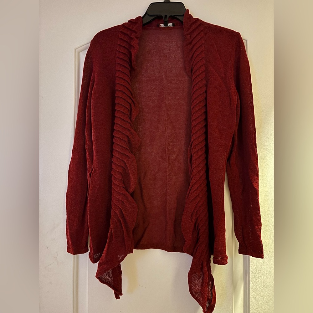 Eileen Fisher Red Ruffle Linen Blend Sweater Cardigan M